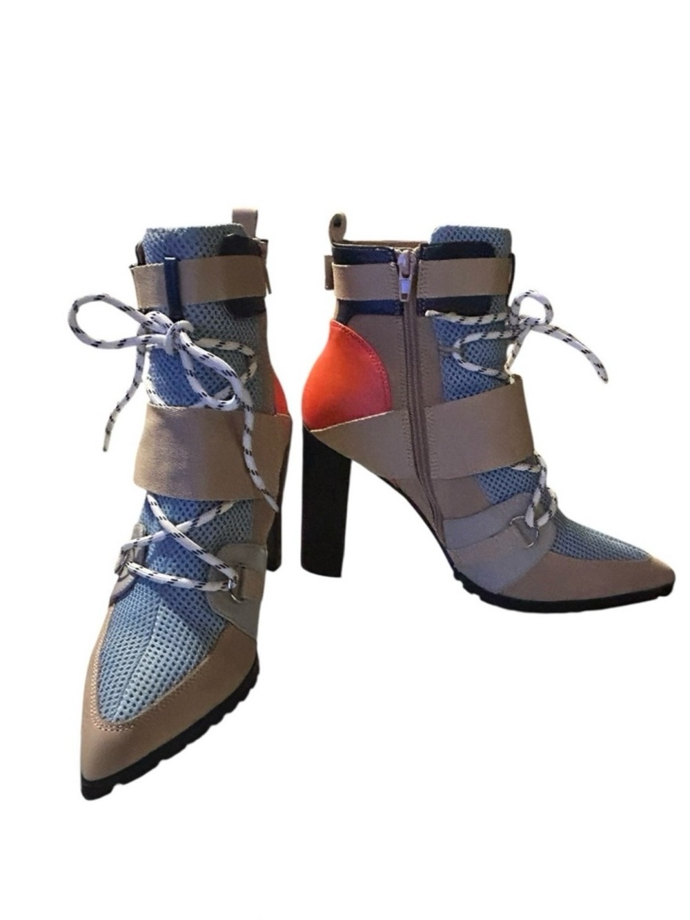 Steve Madden Illusion Mesh & Leather Blue Multi-Color Block Heel Booties Size 9